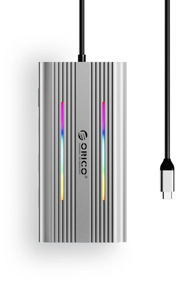 Orico XCR 12in1 RGB USB-C Docking Station 3x USB-A USB-C PD 100W HDMI 4K VGA RJ45 Gigabit SD and Micro SD Card Reader - Sidabrinis