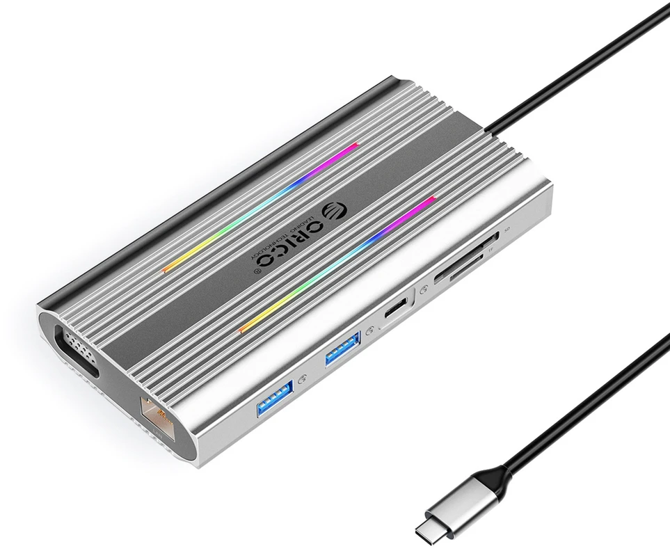 Orico XCR 12in1 RGB USB-C Docking Station 3x USB-A USB-C PD 100W HDMI 4K VGA RJ45 Gigabit SD and Micro SD Card Reader - Sidabrinis