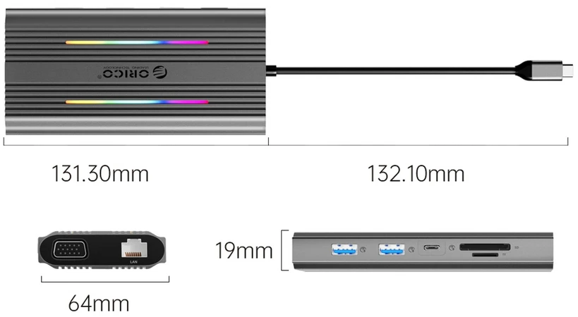 „Orico“ USB-C 12w1 RGB | 3x USB-A | USB-C PD 100W | HDMI 4K | VGA | RJ45 Gigabit - pilka