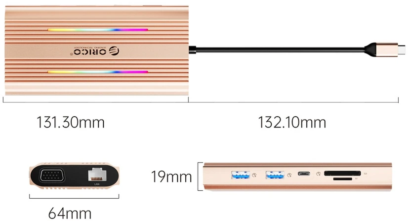 Orico USB-C 12w1 RGB | 3x USB-A | USB-C PD 100W | HDMI 4K | VGA | RJ45 Gigabit - rožinė-auksinė