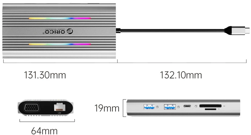 Orico XDR 12in1 RGB USB-C Docking Station USB-A USB-C PD 100W 2x HDMI 4K 60Hz VGA RJ45 Gigabit SD and Micro SD Card Reader - Gray