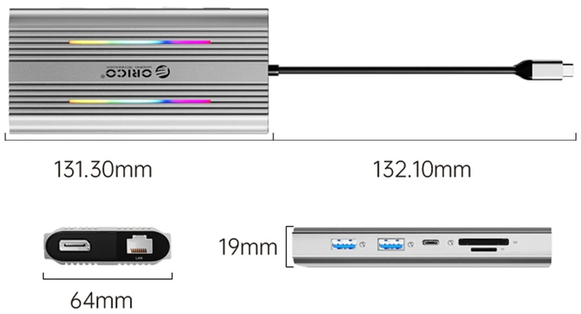 Orico USB-C 12w1 RGB | USB-A | USB-C PD 100W | 2x HDMI 4K 60 Hz | DisplayPort 4K 60 Hz | RJ45 Gigabit - sidabrinė