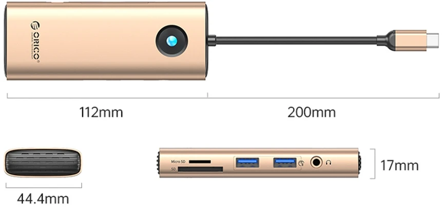 Orico USB-C 8w1 | 2x USB-A 3.0 | 1x USB-C PD 100W | 1x HDMI 4K 60Hz | 1x Micro SD/SD | 1x RJ45 Gigabit Ethernet | 1x Audio 3,5 mm - rožinė-auksinė