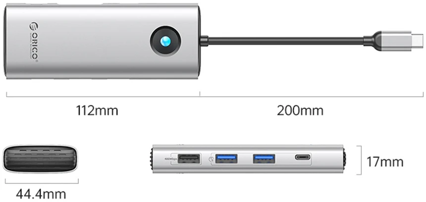 Orico USB-C 8w1 | 2x USB-A 3.0 | 1x USB-A 2.0 | 1x USB-C 3.0 | 1x USB-C PD 100W | 1x HDMI 4K 60Hz | 1x VGA 1080P 60Hz | 1x RJ45 Gigabit Ethernet - sidabrinė