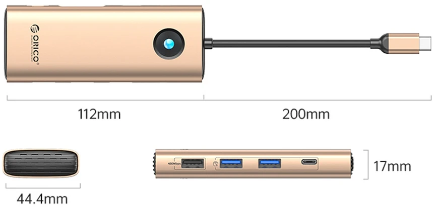 Orico USB-C 8w1 | 2x USB-A 3.0 | 1x USB-A 2.0 | 1x USB-C 3.0 | 1x USB-C PD 100W | 1x HDMI 4K 60Hz | 1x VGA 1080P 60Hz | 1x RJ45 Gigabit Ethernet - rožinė-auksinė