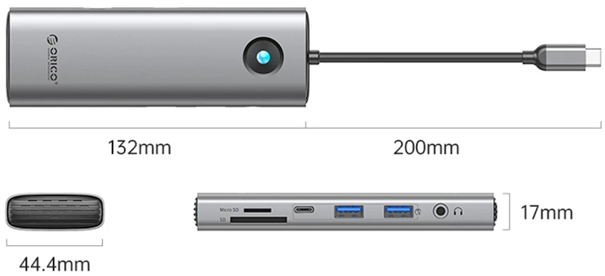 Orico PW11 9in1 USB-C Docking Station 2x USB-A 3.0 1x USB-C 3.0 1x USB-C PD 100 1x HDMI 4K 60Hz 1x Micro SD/SD 1x RJ45 2.5G Ethernet 1x Audio 3.5 mm - Gray