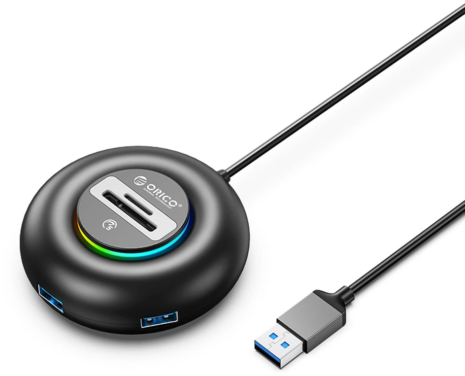 Orico YXR4 RGB USB šakotuvas su 4 prievadų USB-A 3.0 su SD ir Micro SD kortelių skaitytuvu, 1,8 m - Juodas
