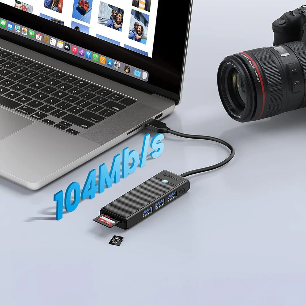 Orico PAPW3AT-U3 USB šakotuvas, 4 prievadų, 3x USB-A 3.0, su Micro SD/SD kortelių skaitytuvu, 1 m - juodas