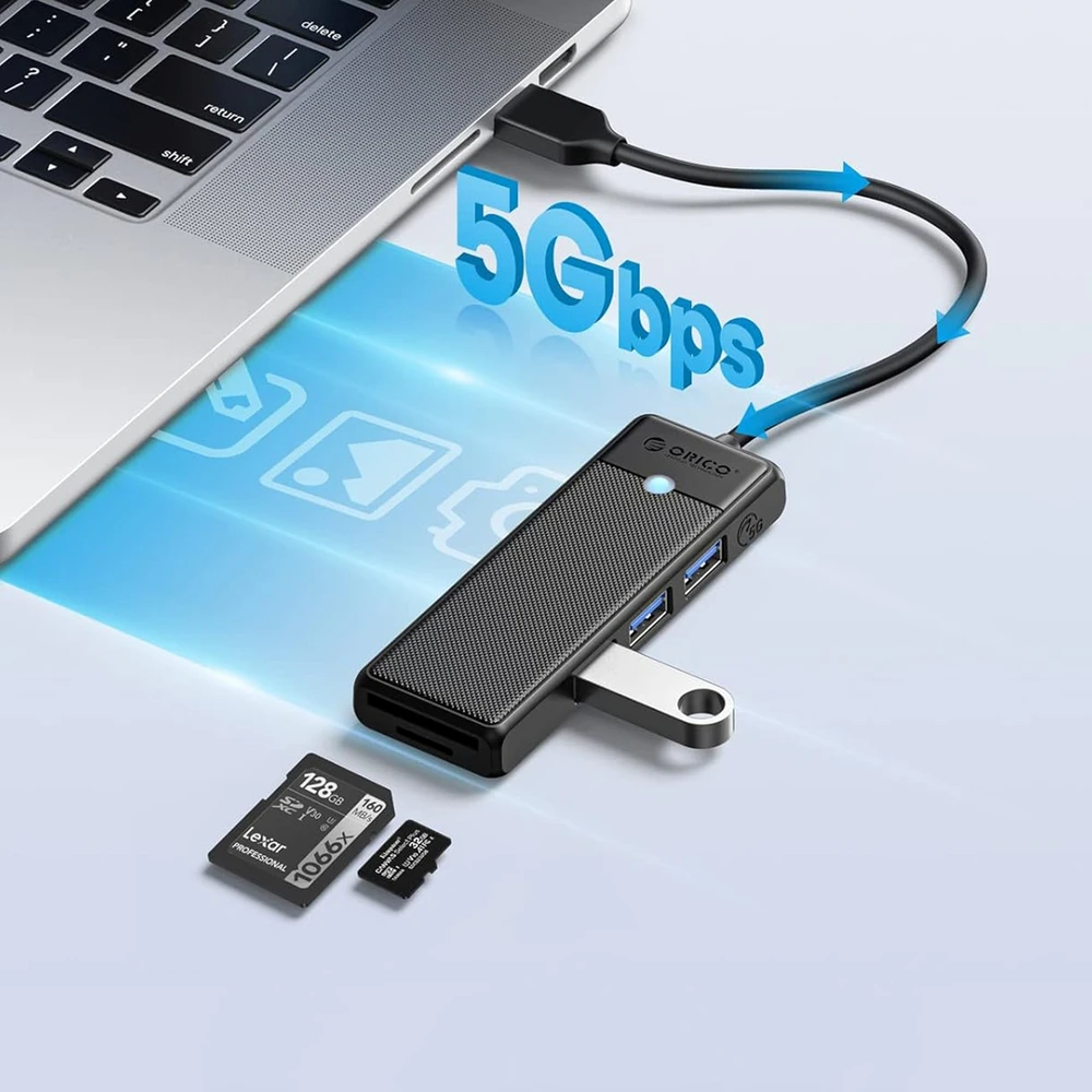 Orico PAPW3AT-U3 USB šakotuvas, 4 prievadų, 3x USB-A 3.0, su Micro SD/SD kortelių skaitytuvu, 1 m - juodas