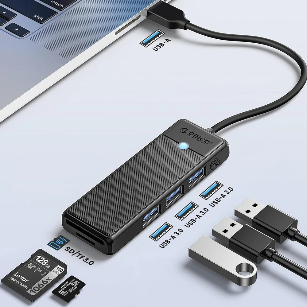 Orico PAPW3AT-U3 USB šakotuvas, 4 prievadų, 3x USB-A 3.0, su Micro SD/SD kortelių skaitytuvu, 1 m - juodas