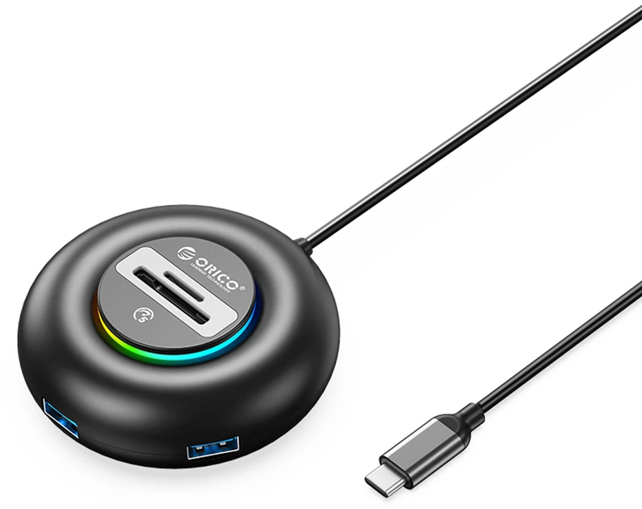Orico YXR5-C3 RGB USB šakotuvas su 4 prievadų USB-A 3.0 su SD ir Micro SD kortelių skaitytuvu, 1,8 m - Juodas