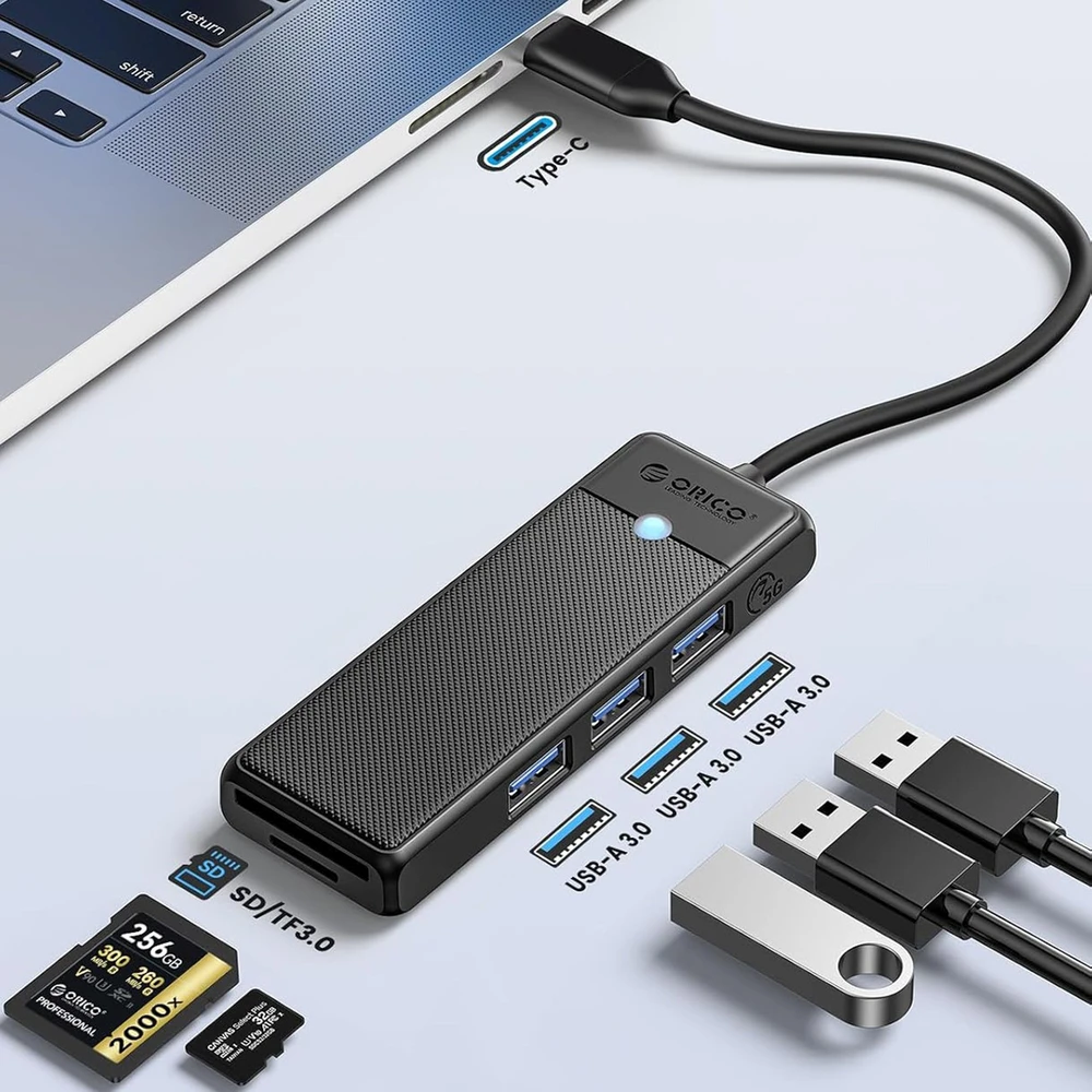 Adapterio šakotuvas 4in1 Orico USB A3.0x3+TF/SD3.0x1