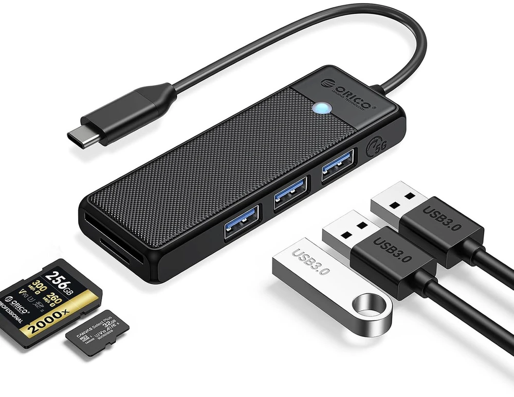 Orico PAPW3AT-C3 USB šakotuvas, 4 prievadų, 3x USB-A 3.0, su „Micro SD“/SD kortelių skaitytuvu, 1 m - juodas