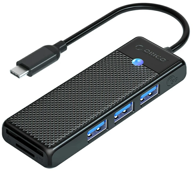 Orico PAPW3AT-U3 USB šakotuvas, 4 prievadų, 3x USB-A 3.0, su Micro SD/SD kortelių skaitytuvu, 1,8 m - juodas