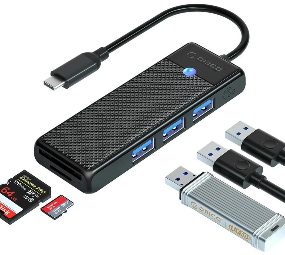 Orico PAPW3AT-C3 USB šakotuvas, 4 prievadų, 3x USB-A 3.0, su „Micro SD“/SD kortelių skaitytuvu, 1 m - juodas