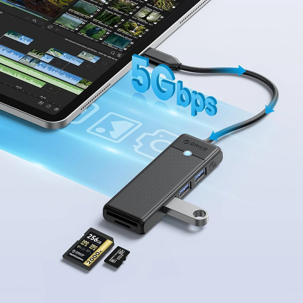 Orico PAPW3AT-U3 USB šakotuvas, 4 prievadų, 3x USB-A 3.0, su Micro SD/SD kortelių skaitytuvu, 1,8 m - juodas