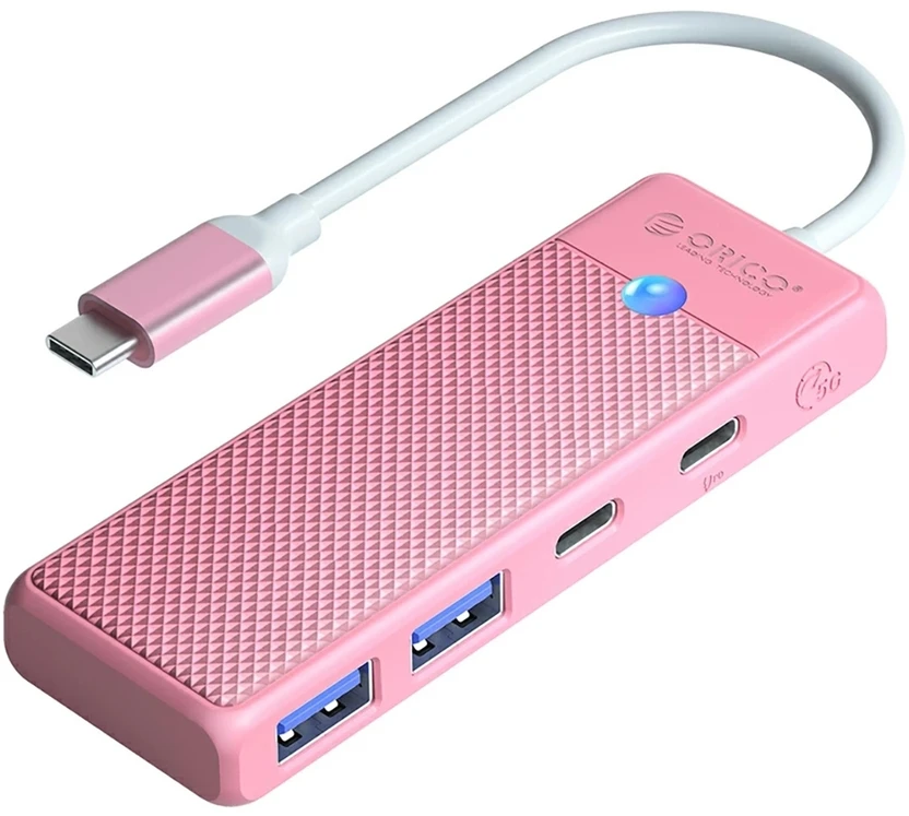 Orico PAPW2AC-C3-C3 USB šakotuvas, 4 prievadų, 2x USB-A 3.0, 1x USB-C 3.0 su USB-C PD 100W įkrovimu, 0,15 m, rožinis