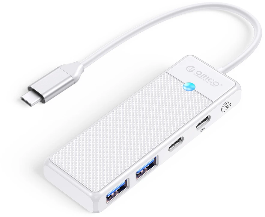 Orico PAPW2AC-C3 USB šakotuvas, 4 prievadų, 2x USB-A 3.0, 1x USB-C 3.0 su USB-C PD 100W įkrovimu, 0.15m - baltas