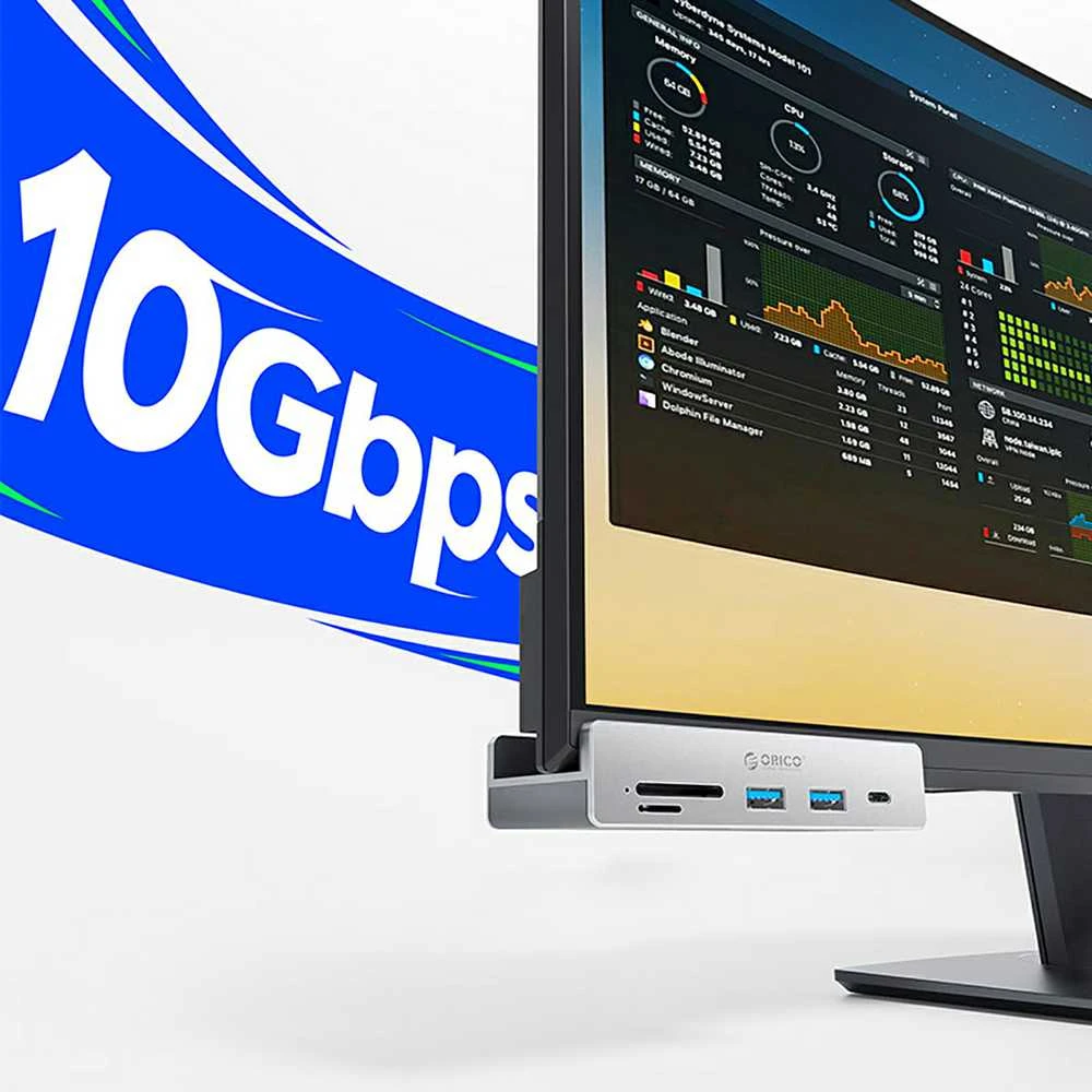 „Orico MH5PC“ šakotuvas, montuojamas ant spaustuko, USB-C / 2x USB-A 3.2 + 1x USB-C 3.2 + 1x SD&TF & SD kortelės lizdas, spalvotas