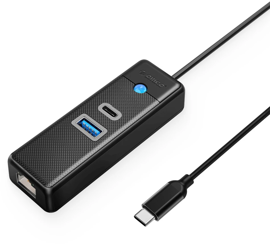 Orico PWCUR-C3 3 prievadų USB šakotuvas 1x USB-A 3.0 1x USB-C 3.0 1x RJ45 Gigabit Ethernet 0.15 m - juodas