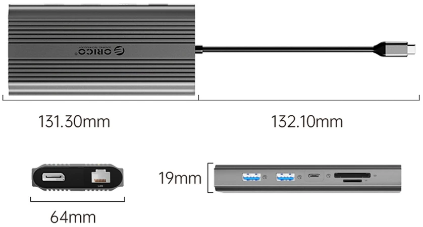 „Orico“ USB-C 12w1 | USB-A | USB-C PD 100W | 2x HDMI 4K 60Hz | DisplayPort 4K 60Hz | RJ45 Gigabit - pilka