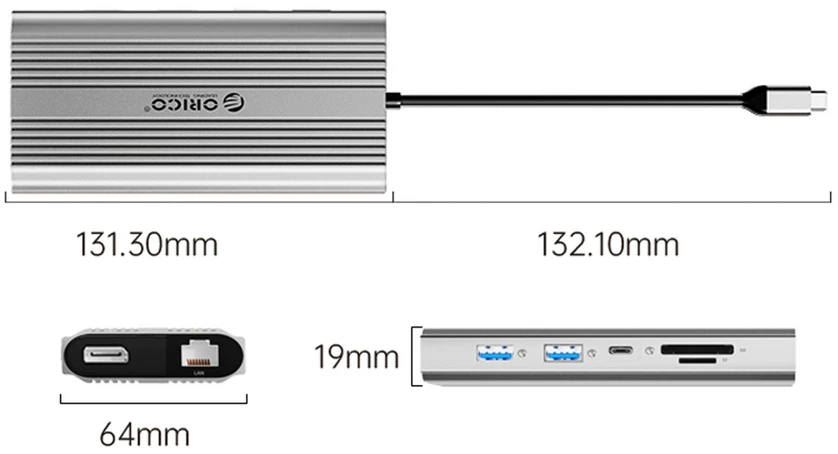 Orico USB-C 12w1 | USB-A | USB-C PD 100W | 2x HDMI 4K 60Hz | DisplayPort 4K 60Hz | RJ45 Gigabit - sidabrinė