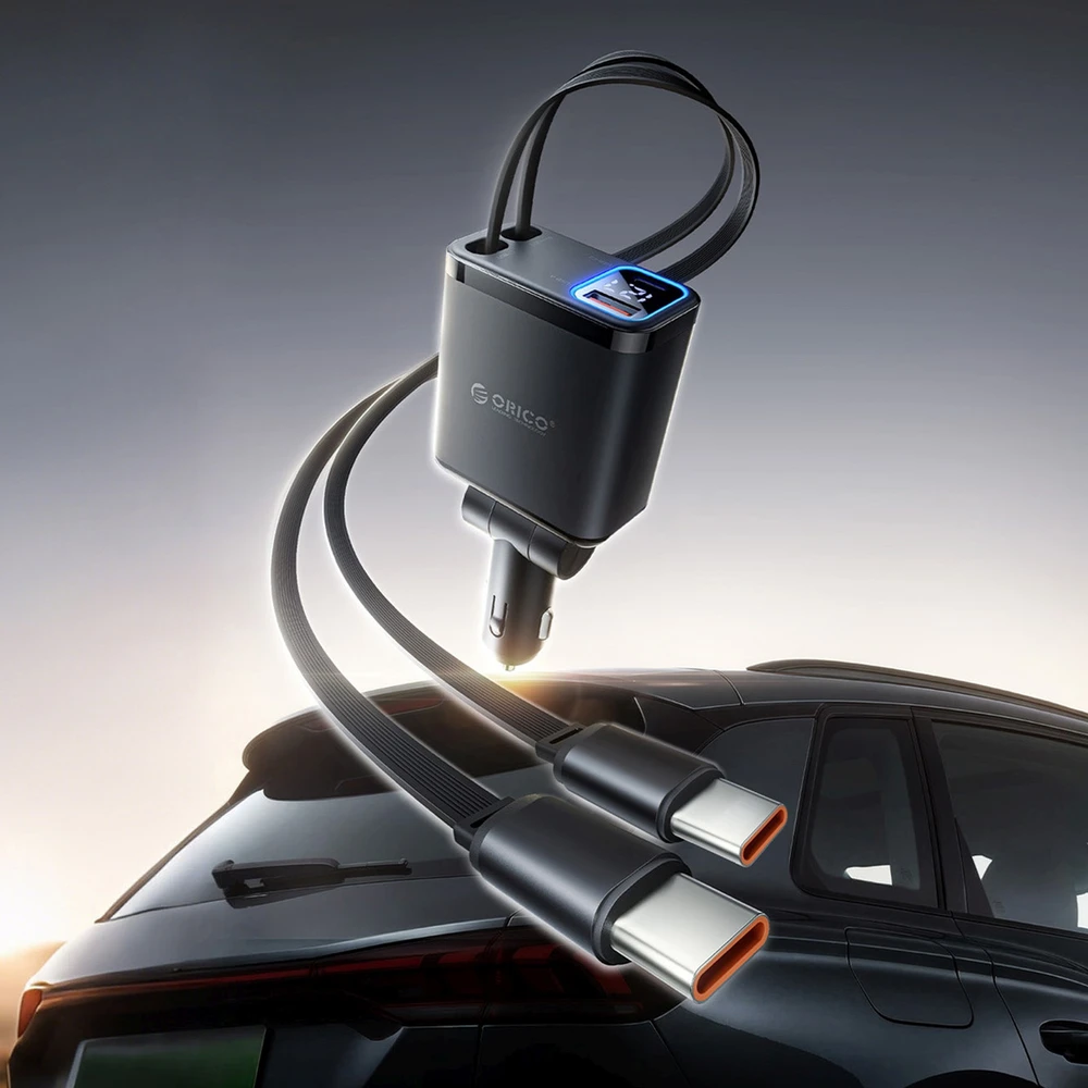 „Orico Twin Reach 45W“ USB-A + USB-C automobilinis įkroviklis su dviem ištraukiamais USB-C laidais – Juodas