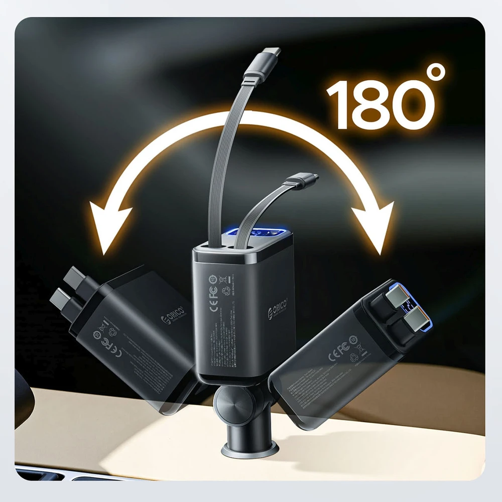 „Orico Twin Reach 45W“ USB-A + USB-C automobilinis įkroviklis su dviem ištraukiamais USB-C laidais – Juodas