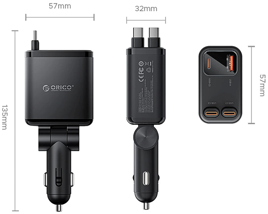 „Orico Twin Reach 45W“ USB-A + USB-C automobilinis įkroviklis su dviem ištraukiamais USB-C laidais – Juodas