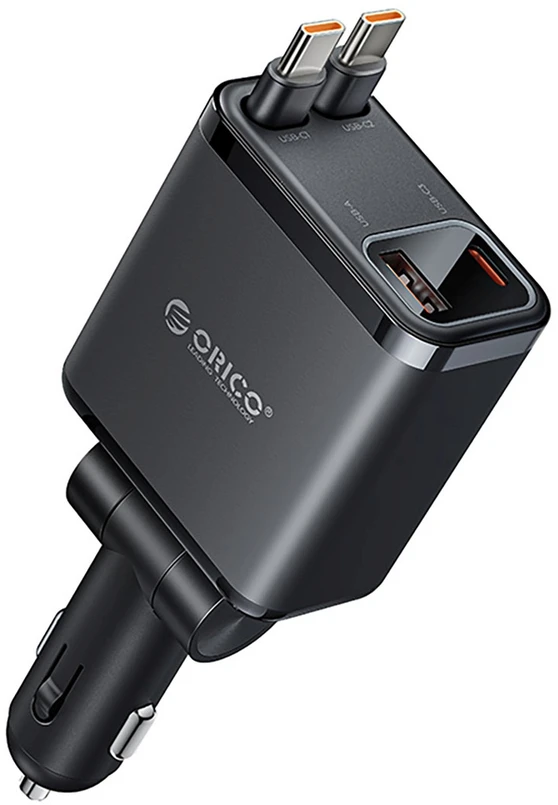 „Orico Twin Reach 45W“ USB-A + USB-C automobilinis įkroviklis su dviem ištraukiamais USB-C laidais – Juodas