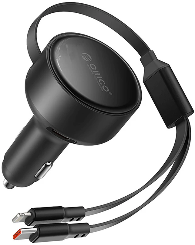 „Orico“ dvigubo tempimo 60 W USB-C automobilinis įkroviklis su dviem ištraukiamais USB-C + „Lightning“ laidais - Juodas