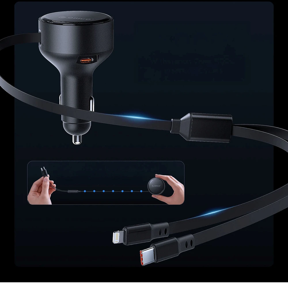 „Orico“ dvigubo tempimo 60 W USB-C automobilinis įkroviklis su dviem ištraukiamais USB-C + „Lightning“ laidais - Juodas