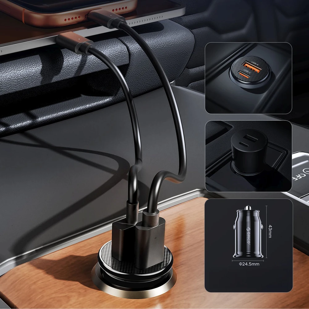 Orico PowerMini 30W USB-C + USB-A automobilinis įkroviklis - Juodas