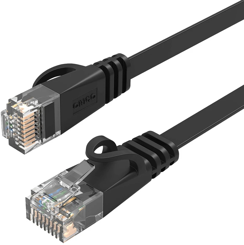 Ethernet tinklo kabelis Orico PUG-C7B CAT7 10Gbps RJ45 interneto LAN plokščias 1 m – juodos spalvos