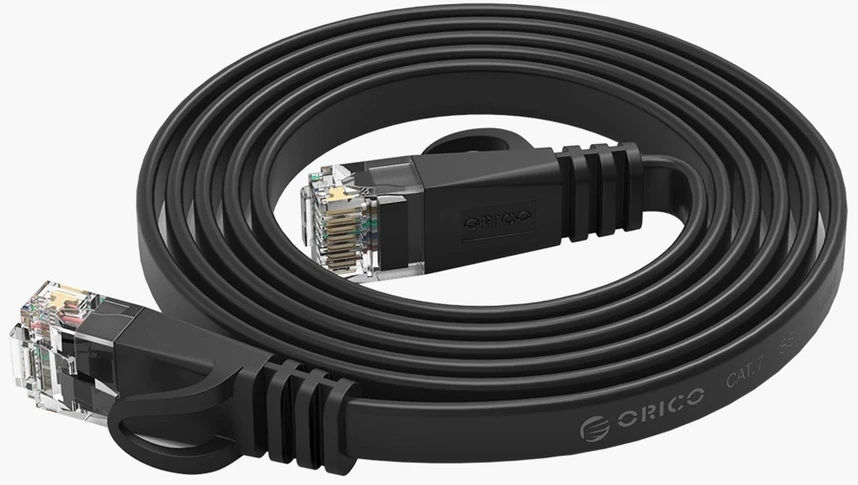 Ethernet tinklo kabelis Orico PUG-C7B CAT7 10Gbps RJ45 interneto LAN plokščias 8 m – juodos spalvos