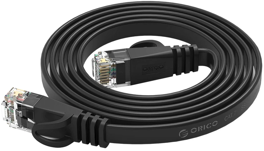 Ethernet tinklo kabelis Orico PUG-C7B CAT7 10Gbps RJ45 interneto LAN plokščias 5 m – juodos spalvos