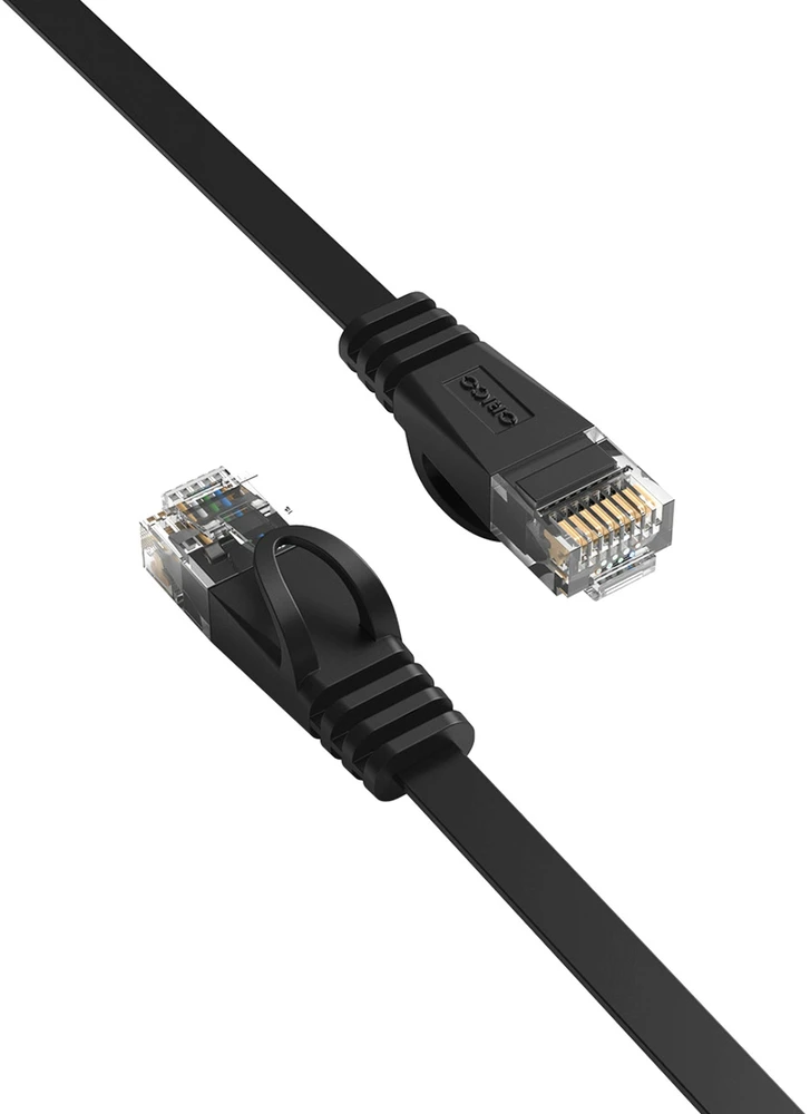 Ethernet tinklo kabelis Orico PUG-C7B CAT7 10Gbps RJ45 interneto LAN plokščias 1 m – juodos spalvos