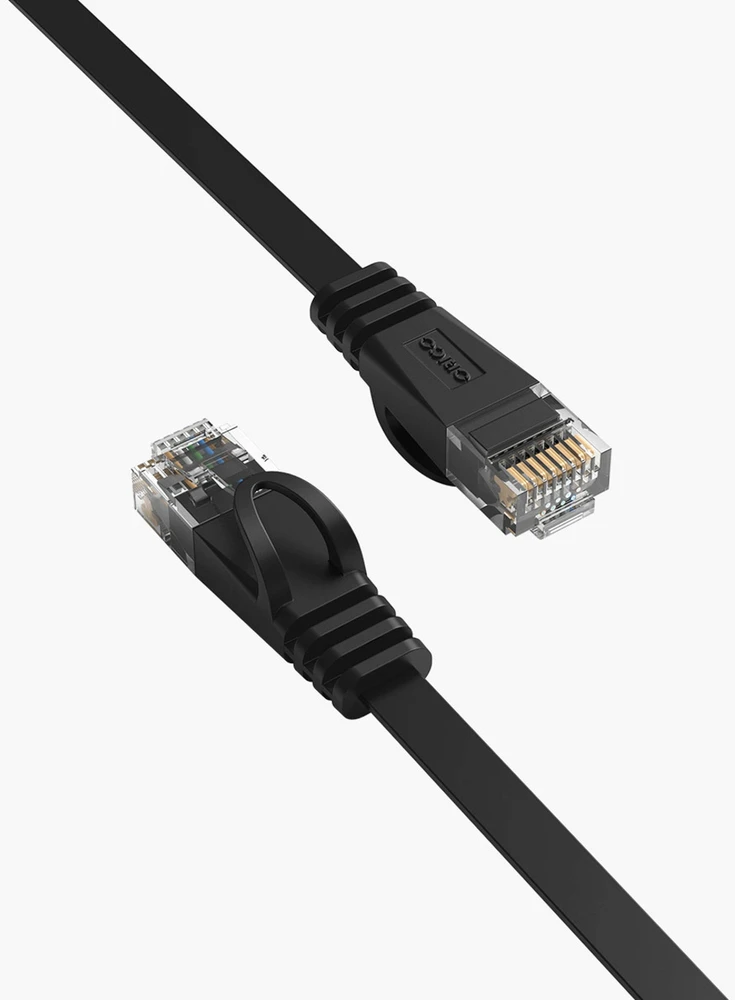 Ethernet tinklo kabelis Orico PUG-C7B CAT7 10Gbps RJ45 interneto LAN plokščias 8 m – juodos spalvos