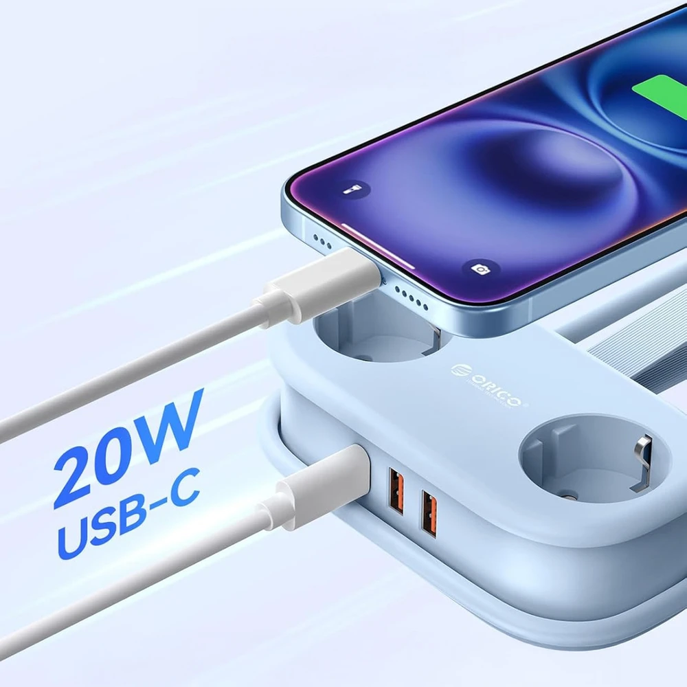 Orico AP3 20W GaN 5in1 maitinimo blokas 2x AC + 2x USB-A + 1x USB-C - Mėlyna