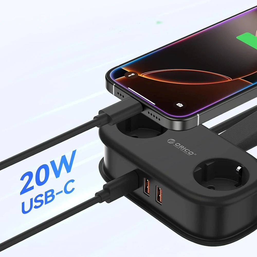 Orico AP3 20W GaN 5in1 maitinimo blokas 2x AC + 2x USB-A + 1x USB-C - Juodas