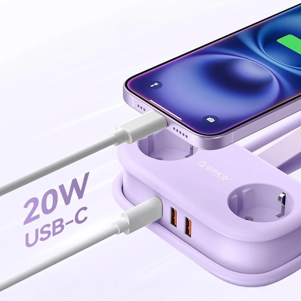 Orico AP3 20W GaN 5in1 maitinimo blokas 2x AC + 2x USB-A + 1x USB-C - Violetinė