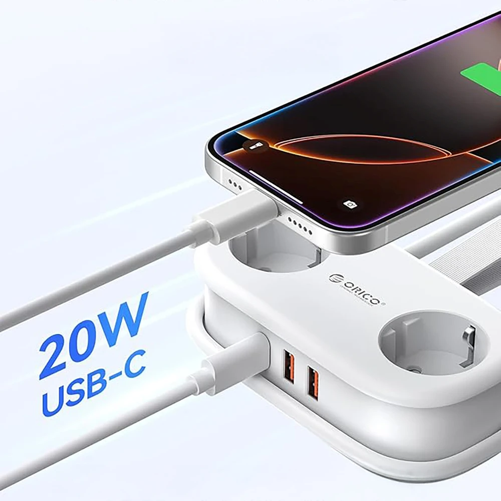Orico AP3 20W GaN 5in1 maitinimo blokas 2x AC + 2x USB-A + 1x USB-C - Baltas