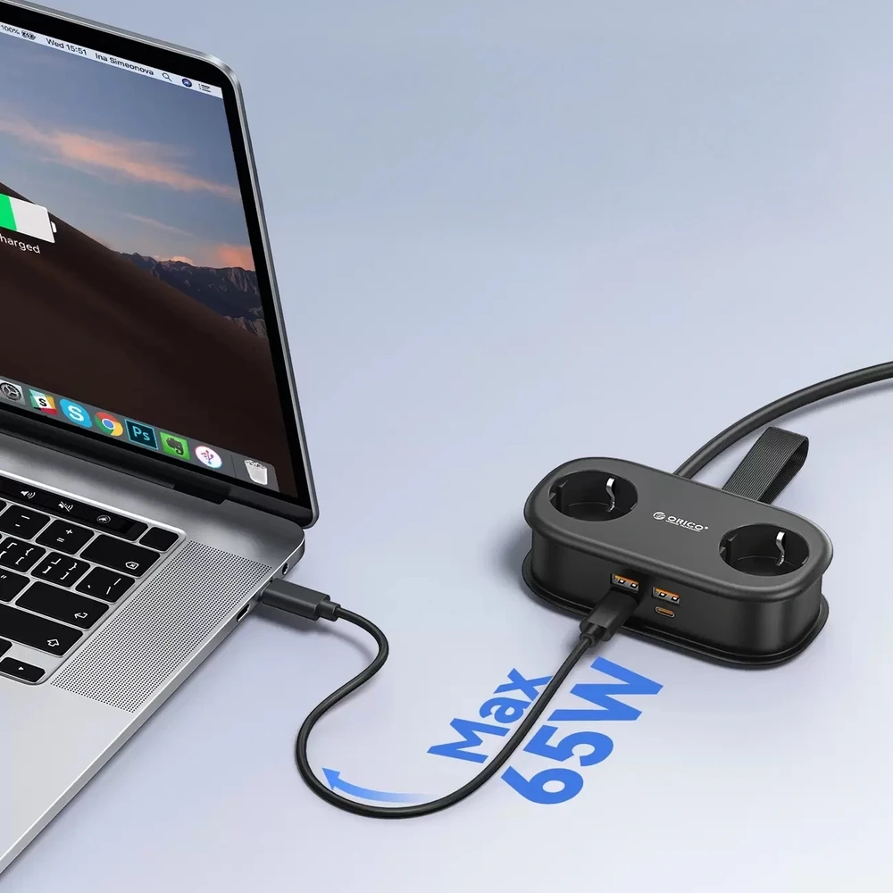 Orico AP3 65W GaN 6in1 maitinimo blokas 2x AC + 2x USB-A + 2x USB-C - Juodas