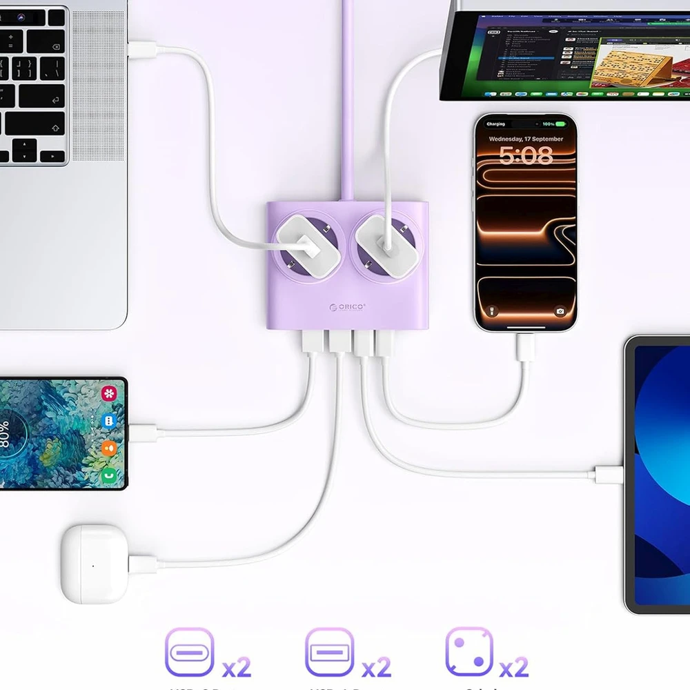 Orico PDC25 25W 6in1 maitinimo blokas 2x AC + 2x USB-A + 2x USB-C - Violetinė