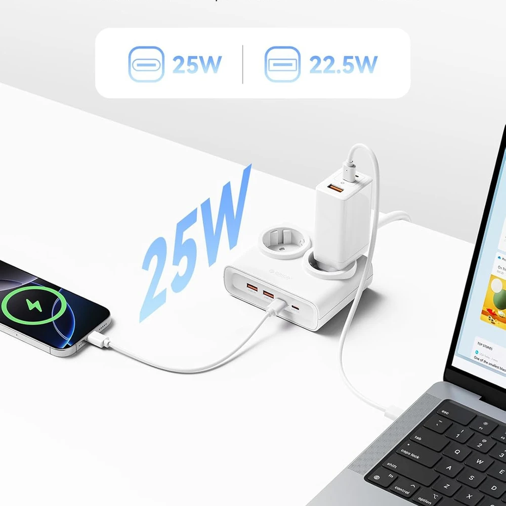 Orico PDC25 25W 6in1 maitinimo blokas 2x AC + 2x USB-A + 2x USB-C - Baltas