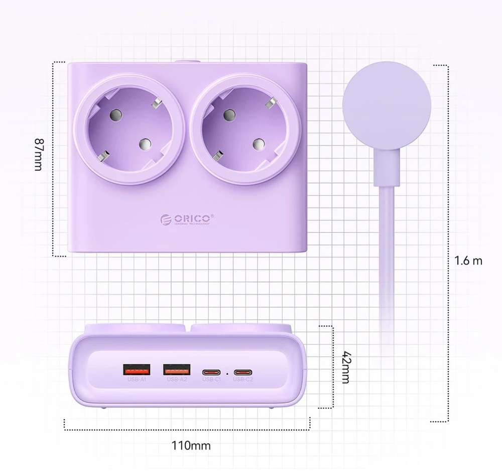 Orico PDC25 25W 6in1 maitinimo blokas 2x AC + 2x USB-A + 2x USB-C - Violetinė