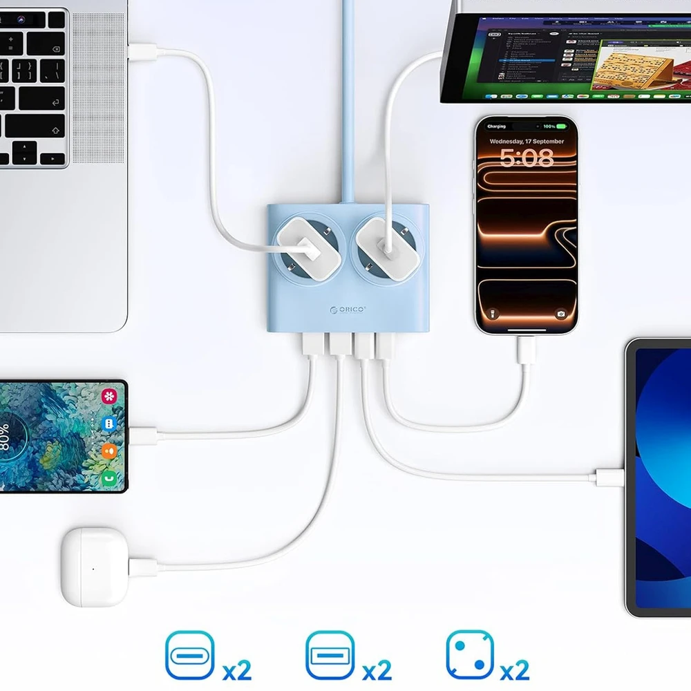 Orico PDC25 25W 6in1 maitinimo blokas 2x AC + 2x USB-A + 2x USB-C - Mėlyna