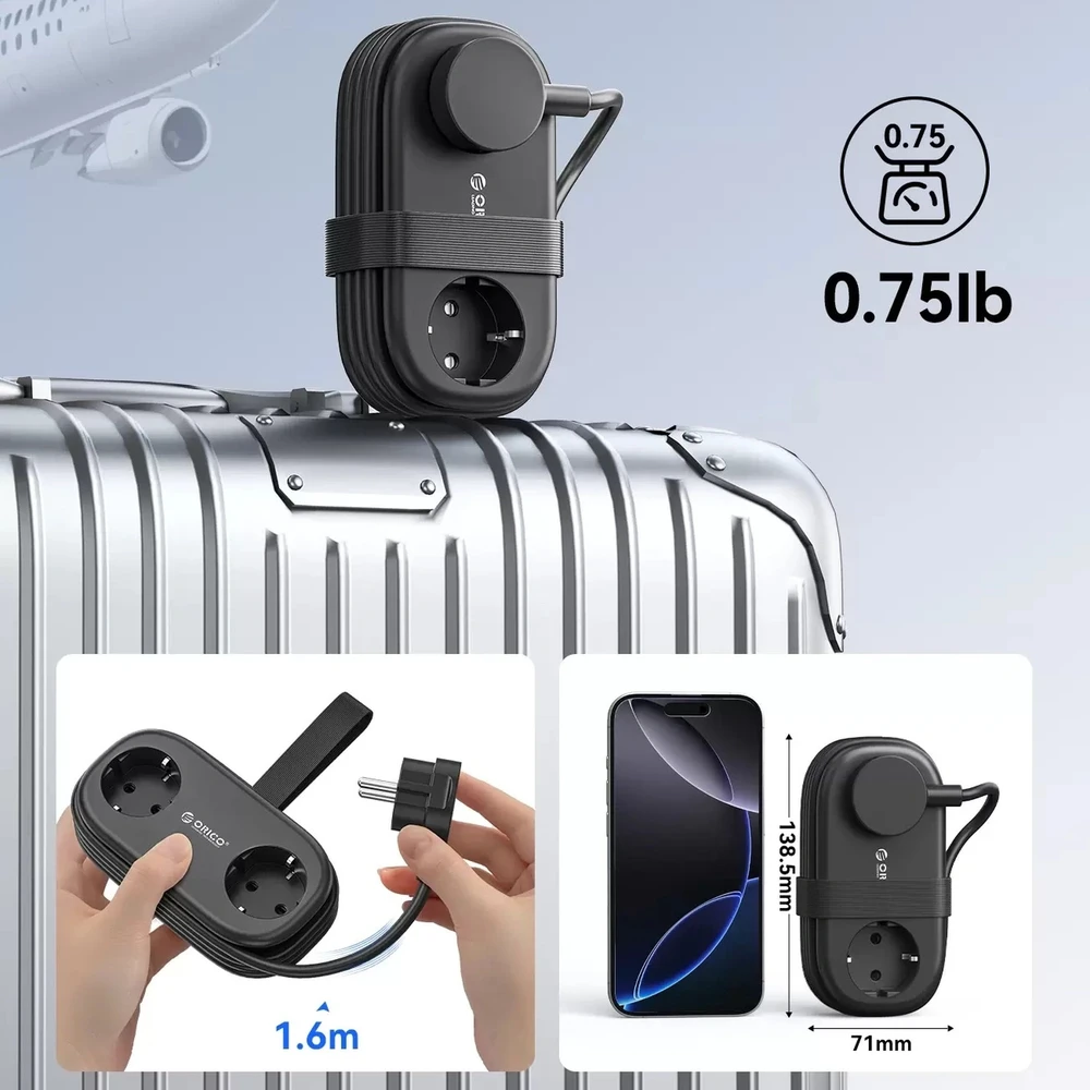 Orico AP3 65W GaN 6in1 maitinimo blokas 2x AC + 2x USB-A + 2x USB-C - Juodas