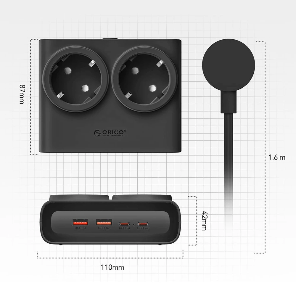 Orico PDC25 25W 6in1 maitinimo blokas 2x AC + 2x USB-A + 2x USB-C - Juodas