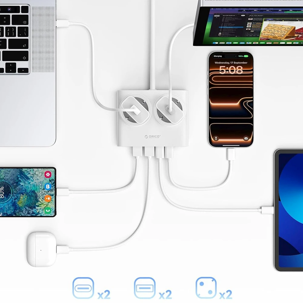 Orico PDC25 25W 6in1 maitinimo blokas 2x AC + 2x USB-A + 2x USB-C - Baltas